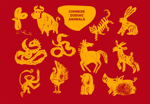Vector chinese animals zodiac, china calendar signs set, astrological oriental zodiacal symbols. Gold on red background chinese horoscope.