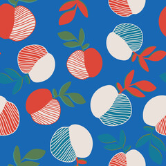 Blue with red, blue apples with white stripes seamless pattern background design.
