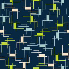 Dark Blue with pink, lime green and baby blue geometric shapes seamless pattern background design.