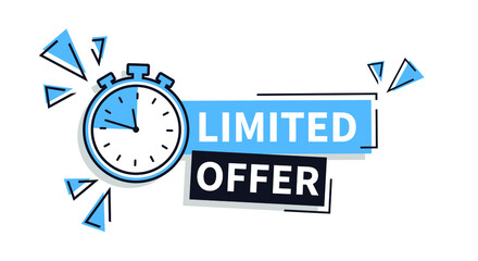 Blue banner limited offer with clock for promotion, banner, price. Label countdown of time for offer sale or exclusive deal.Alarm clock. - obrazy, fototapety, plakaty