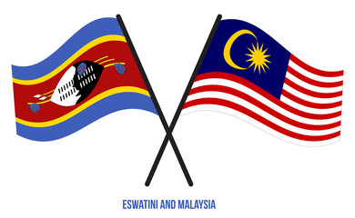 Eswatini and Malaysia Flags Crossed And Waving Flat Style. Official Proportion. Correct Colors.