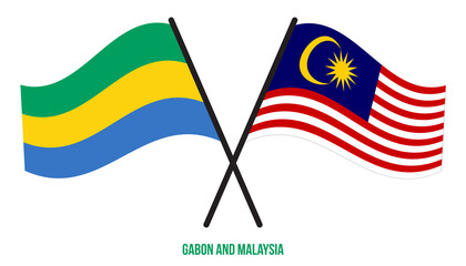 Gabon and Malaysia Flags Crossed And Waving Flat Style. Official Proportion. Correct Colors.