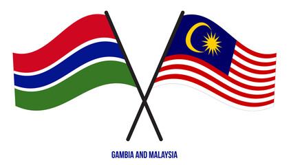 Gambia and Malaysia Flags Crossed And Waving Flat Style. Official Proportion. Correct Colors.