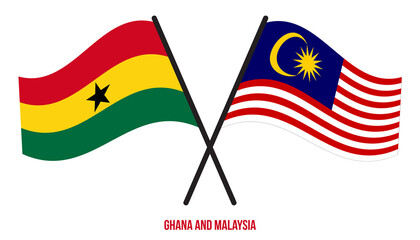 Ghana and Malaysia Flags Crossed And Waving Flat Style. Official Proportion. Correct Colors.