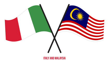 Italy and Malaysia Flags Crossed And Waving Flat Style. Official Proportion. Correct Colors.