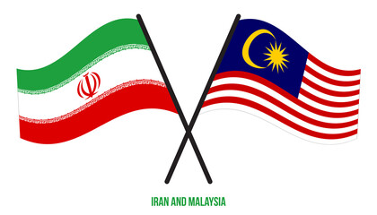 Iran and Malaysia Flags Crossed And Waving Flat Style. Official Proportion. Correct Colors.