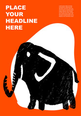 Elephant. Abstract wild animal poster. Jungle, Forest. Set of contemporary asian art print templates. Ink rodent with place for text and geometrical shapes on the background. Vector illustration