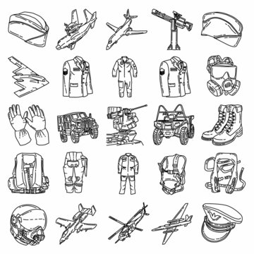 Military and Air Force Equipments Set Icon Vector. Doodle Hand Drawn or Outline Icon Style