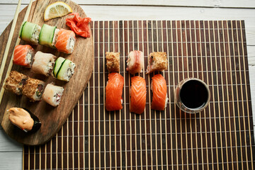 sushi set soy sauce chopsticks japanese cuisine traditional food
