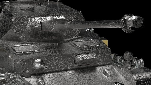 Metallic military tank on black-white flash lighting background. Concept image of power strength, dynamic strategy and Strong system. 3D illustration. 3D high quality rendering. 3D CG.