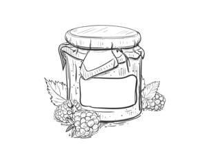 Hand drawn sketch black and white of berry, raspberry, jar, jam, leaf. Vector illustration. Elements in graphic style label, card, sticker, menu, package. Engraved style illustration.