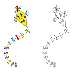 Cartoon kite coloring book page for children. Colored and outline vector illustration isolated on white background. Game for kids.