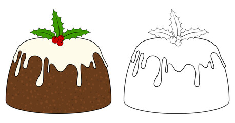 Christmas pudding with holly. Coloring book page for children. Colored and outline vector illustration isolated on white background. Game for kids.