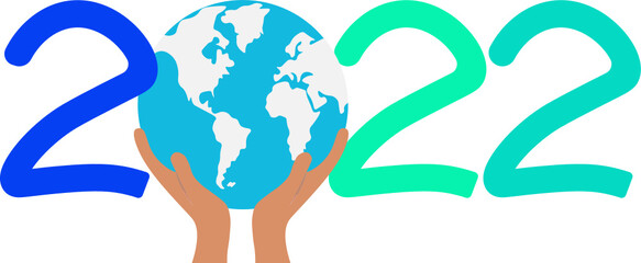 2022 medio ambiente año nuevo.  mundo sostenido sobre tus manos en el nuevo año. Vector sin fondo, fondo transparente