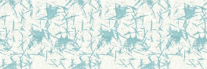 Aegean teal streaked border strip linen texture background. Coastal summer style home decor fabric effect. Sea green wash grunge edge material. Decorative textile mottle seamless pattern banner. 