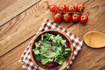 salad plate vegetables fresh ingredients wooden table kitchen