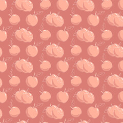 Stylized pink apples with white outlines. Fruit ornament. Vector illustration. For children clothing, textiles, prints, packaging, scrapbooking, covers and brochures, flyers, shops.