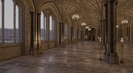 Fantasy medieval great hall in the castle 3d illustration