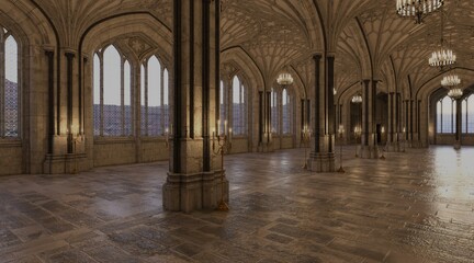 Fantasy medieval great hall in the castle 3d illustration