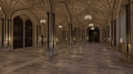 Fantasy medieval great hall in the castle 3d illustration