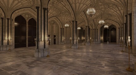 Fantasy medieval great hall in the castle 3d illustration