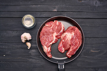 meat steak in a frying pan food ingredients kitchen wooden table