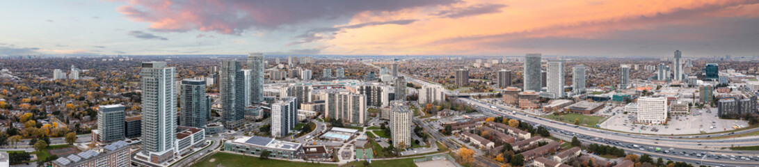 Don Valley Parkway with orange red skies at sunset with the don valley parkway at rush hour  in the...