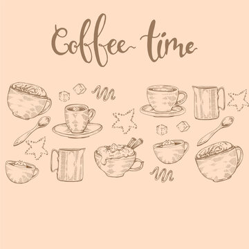 Hand-drawn sketch different coffee cooking and drinks.