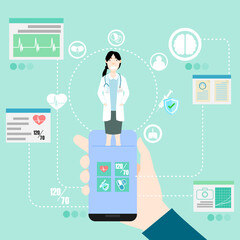 A smartphone app for health and medical consultation. Doctors provide online consultation and health information. Health and medical vector illustrations