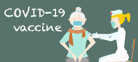 COVID-19 vaccination campaign in elderly people. Old woman getting vaccinated by nurse. Flat design vector illustration. Health and medical concept.