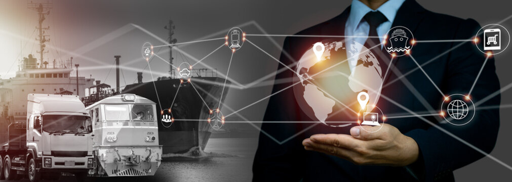 Hand holding worldwide network connection of logistics and cargo distribution commodities in transport and logistics