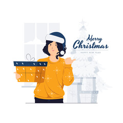 A Woman with santa hat holding gift, present, and celebrate christmas new year concept illustration