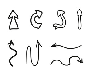 Black infographic elements on isolated white background. Hand drawn abstract arrows. Set of different pointers. Elements are drawn in a linear style. Black and white illustration