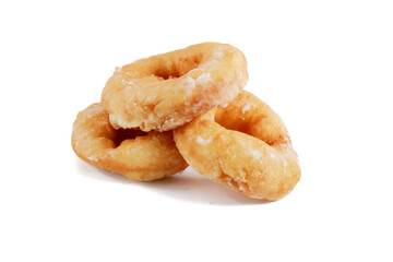 three fried donuts isolated on a white background