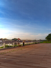 A woman running with the dogs at the beach.