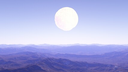 beautiful view from an exoplanet, a view from an alien planet, a computer-generated surface, a fantastic view of an unknown world, a fantasy world 3D render