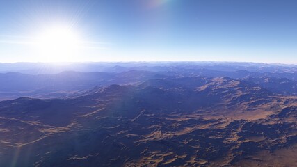Fototapeta premium beautiful view from an exoplanet, a view from an alien planet, a computer-generated surface, a fantastic view of an unknown world, a fantasy world 3D render