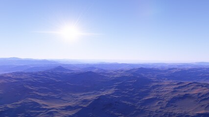 beautiful view from an exoplanet, a view from an alien planet, a computer-generated surface, a fantastic view of an unknown world, a fantasy world 3D render