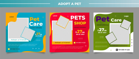 Pet shop social media post template design with photo collage.	