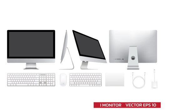 Display monitor mockup with accessories , keyboard, mouse, track pad, usb cable adapter, realistic vector illustration for mockup graphic,all in one display on white background.