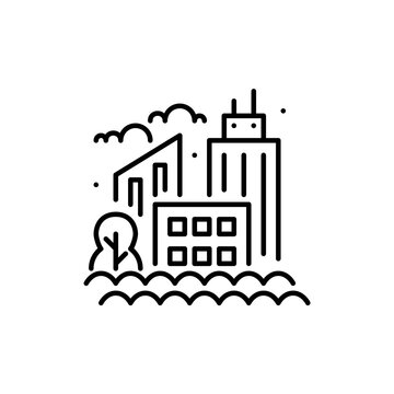 recommend clip art: Flooded city. Skyscrapers and trees drowning in water. Pixel perfect, editable stroke icon
