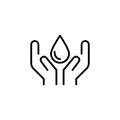 Water conservation and sustainable water usage. Drop in hands. Pixel perfect, editable stroke