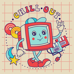 Chill out, Good vibes slogan with retro computer symbol. Hippie style groovy vibes and motivational slogan illustration for tee, t shirt and sticker - poster design 