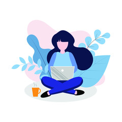 Woman using computer laptop, Freelance or studying, illustration in flat style.