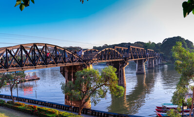 Panorama views of Bridge on River Kwai Kanchanaburi Thailand where British and Australian prisoners...