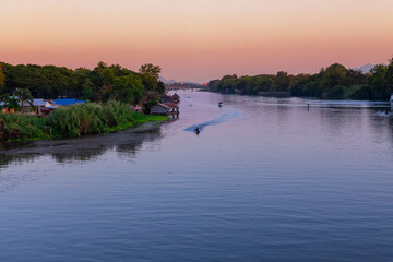 Obraz premium Panorama views of Bridge on River Kwai Kanchanaburi Thailand where British and Australian prisoners of war where held by the Japanese.