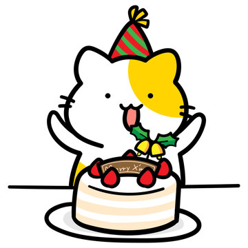 クリスマスケーキを食べるねこのかわいい手書き風イラスト Stock ベクター Adobe Stock