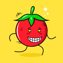 cute tomato character with happy expression, sparkling eyes, run and smiling. green, red and yellow. suitable for emoticon, logo, mascot