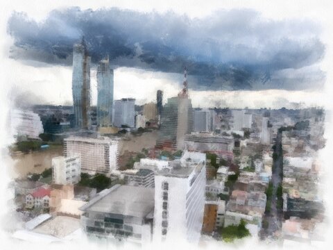 Bangkok city landscape with Chao Phraya River and tall buildings watercolor style illustration impressionist painting.