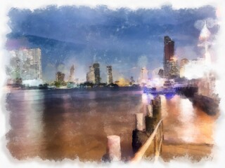 Landscape of the Chao Phraya River in Bangkok in Twilight Time watercolor style illustration impressionist painting.